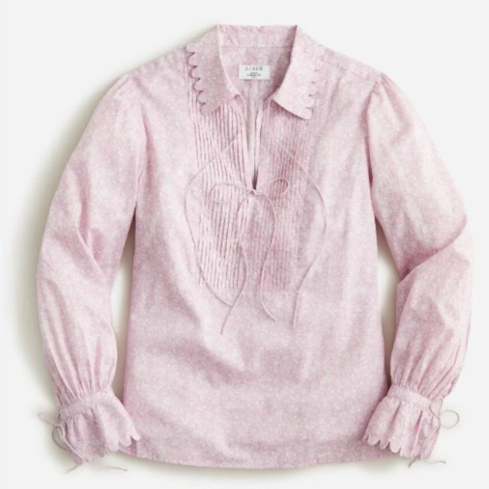 J Crew Liberty Scallop Poplin Popver Top Flower Market Pink Floral Women's XS